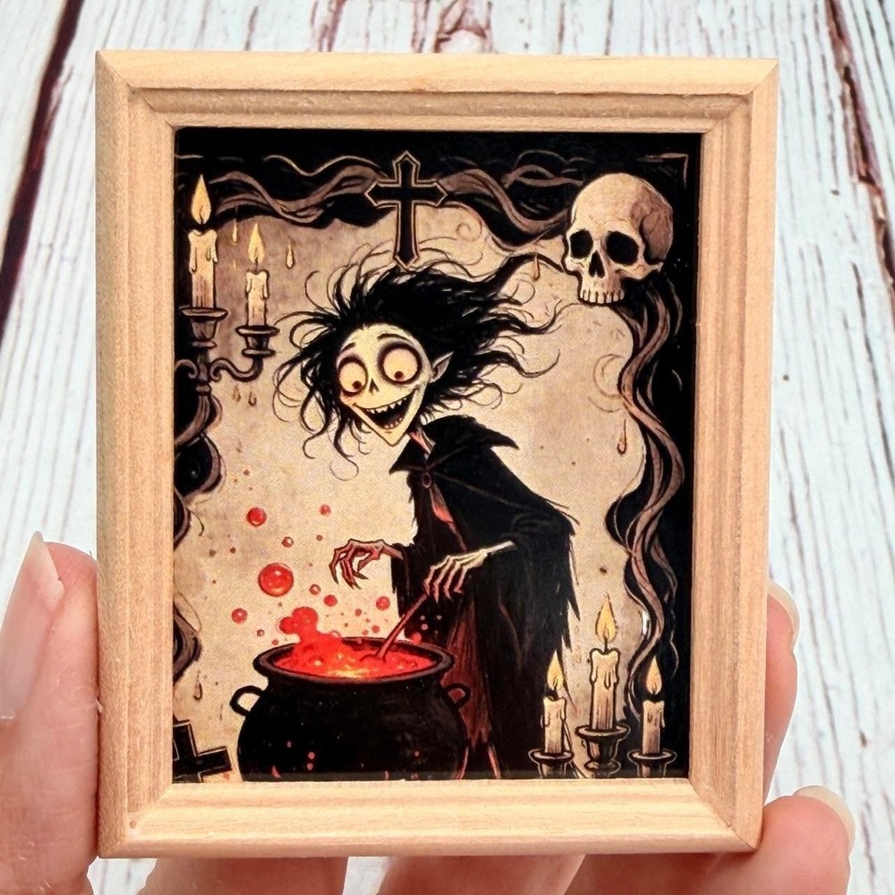 Gothic Witch Cauldron Miniature Framed Art Magnet Upcycled Wood Frame Decor